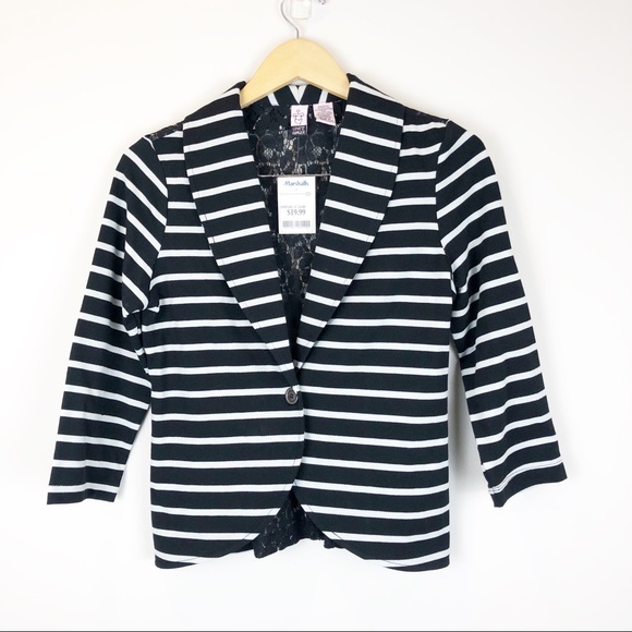 Black and White Striped Blazer with Lace Panel - Picture 1 of 5